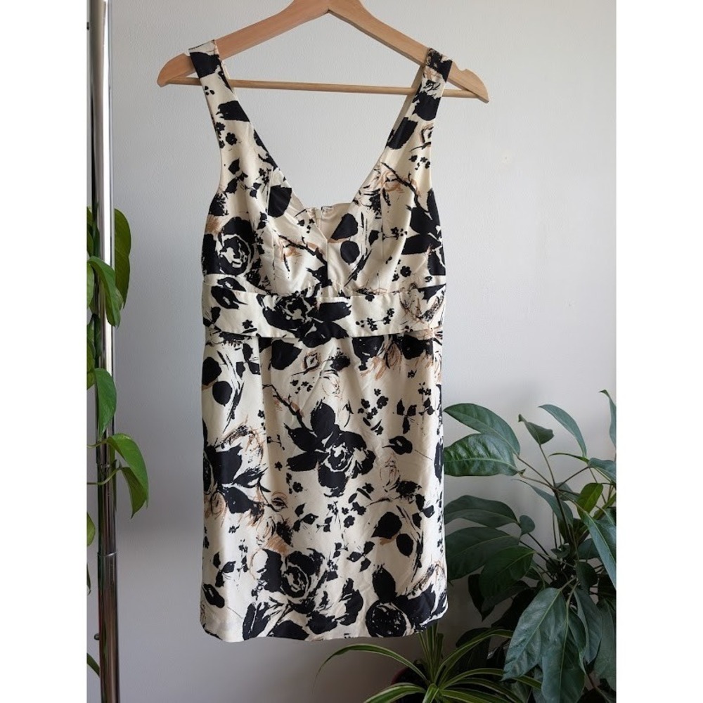 vintage y2k 100% silk cocktail dress S babydoll mini floral black white empire